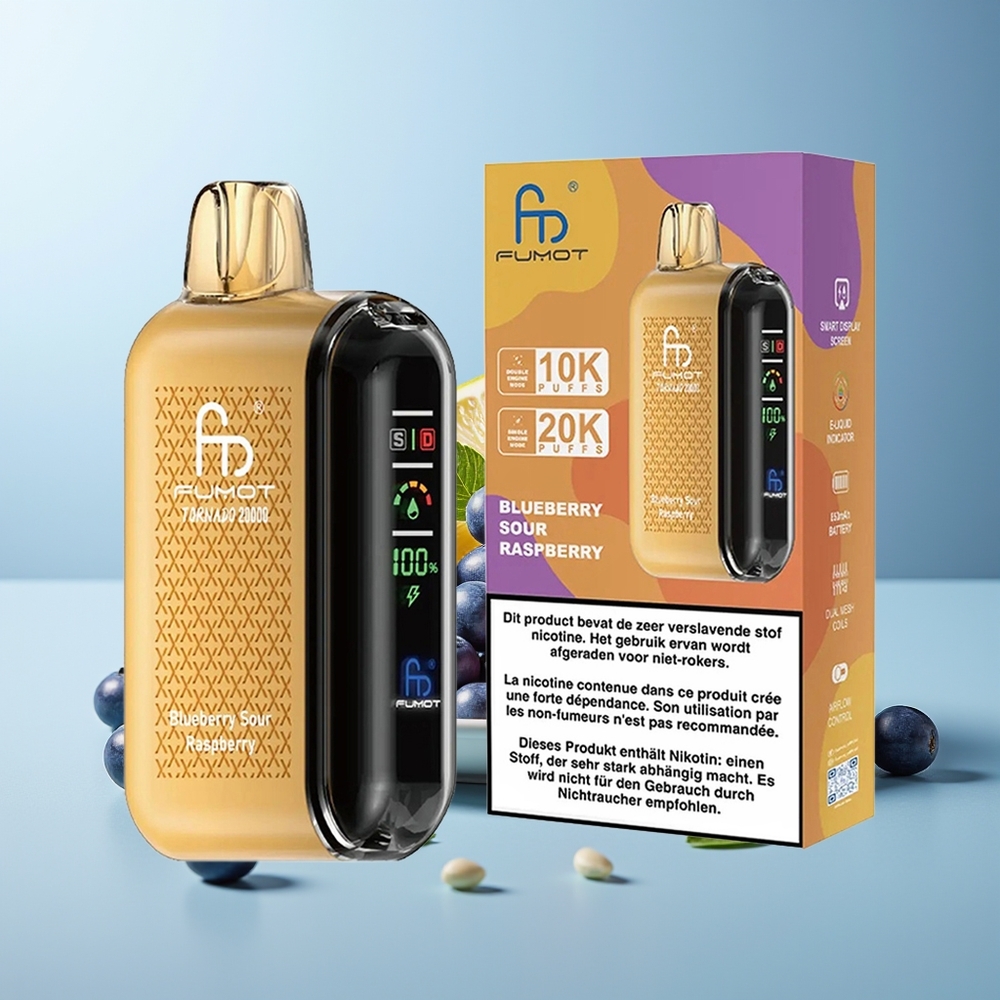 Fumot Tornado 20000 Пуфове Боровинка Кисела Малина Dual Mesh Coil 20ml 850mAh Smart Display Airflow Control 2% Nicotine Single Engine Mode