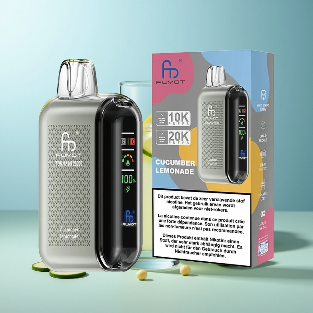Fumot Tornado 20000 Puffs Дисposable Вейп Краставица Лимонада Dual Mesh Coil Smart Display Airflow Control