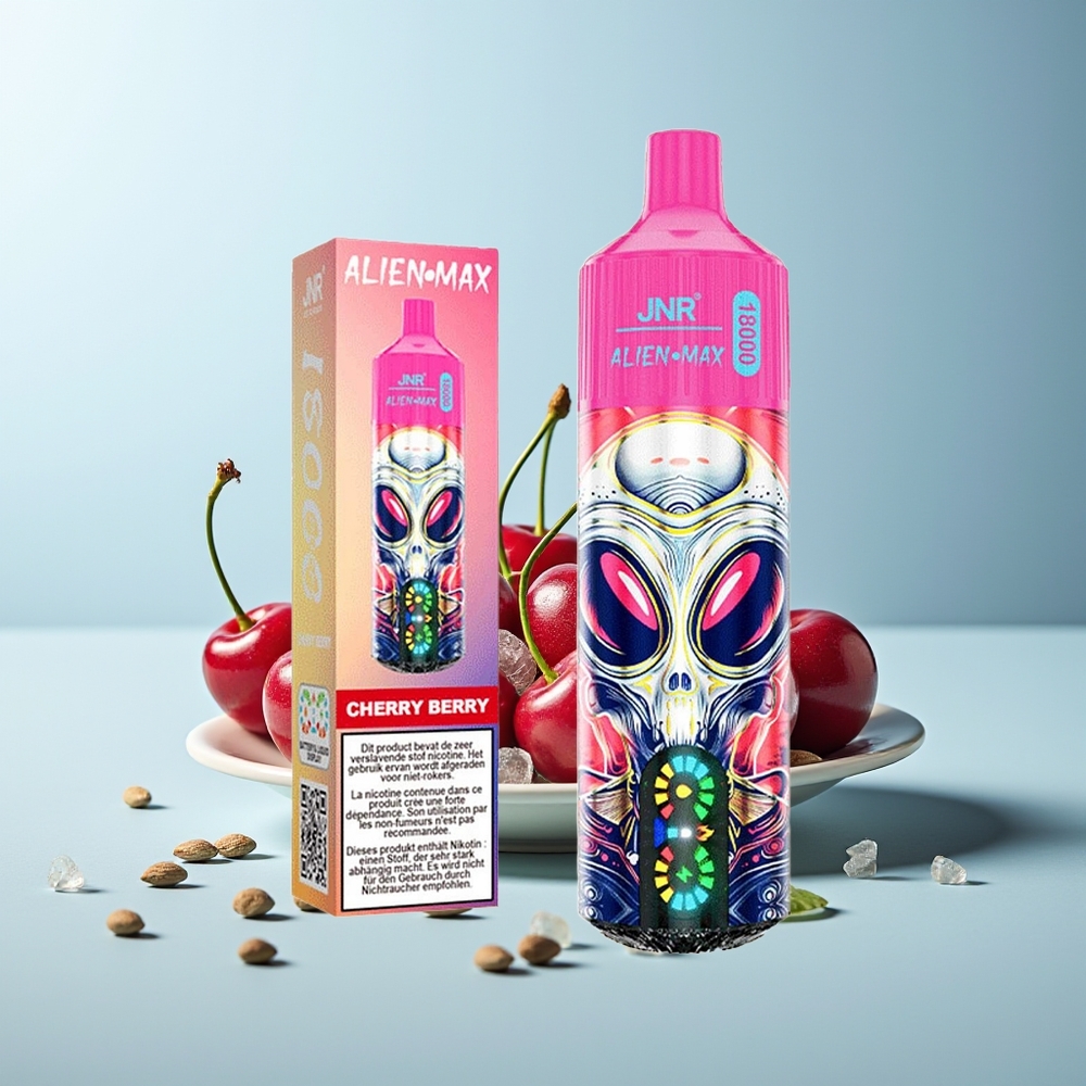 JNR Alien Max 18000 Пуфове Череша-Боровинка Двойна Мрежа Двойно Ядро LED Дисплей 28мл Течност Type-C Зарядане