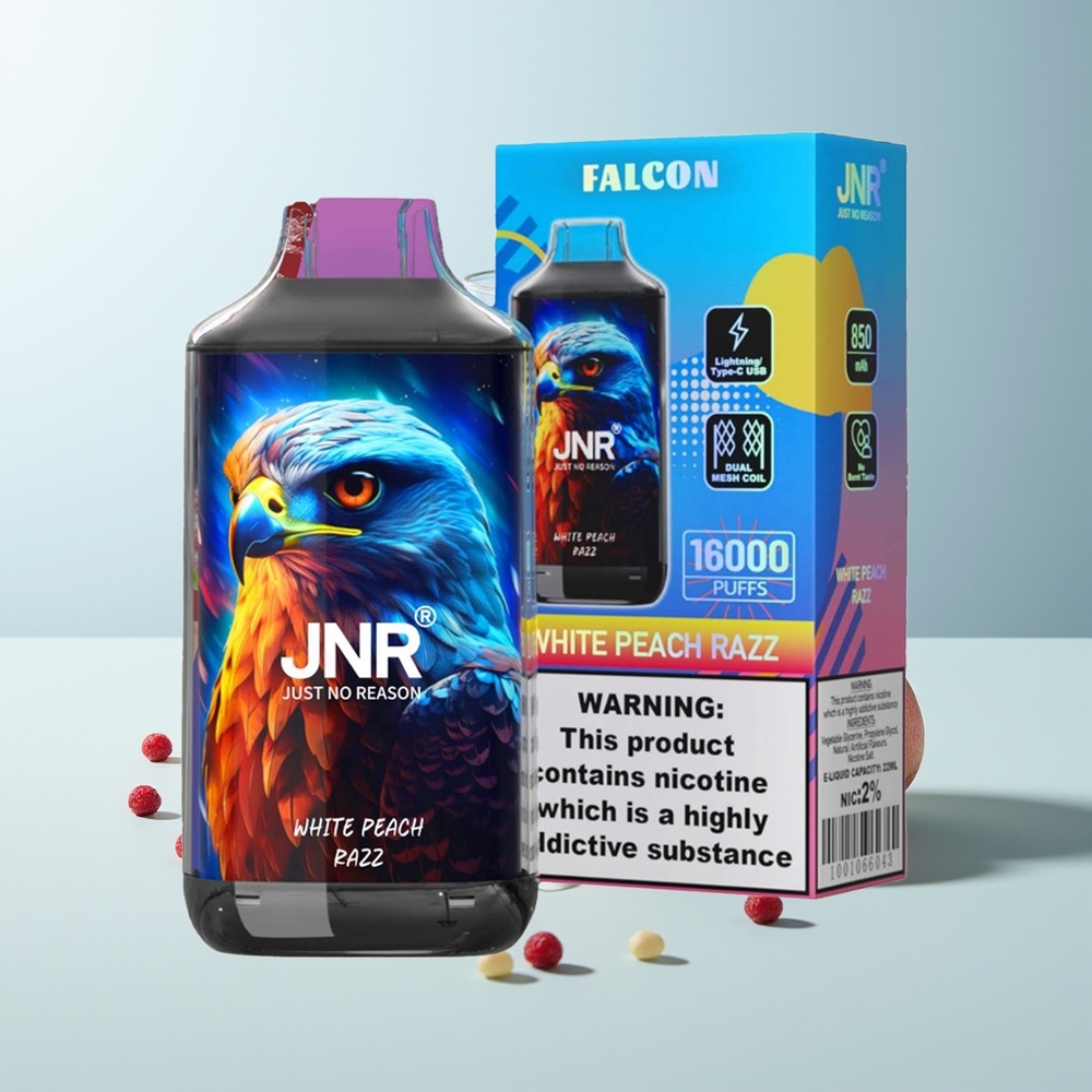 JNR Falcon 16000 Пуфове Бял Праскова Раз (850 mAh 22ml Lightning LED Display 0%,2%)