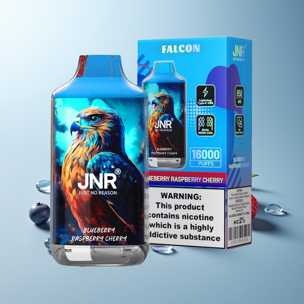 JNR Falcon 16000 Пуфове Боровинка Малина Череша Dual Mesh Coil Smart LED Display Type C Lightning 850mAh 22ml 0% 2%